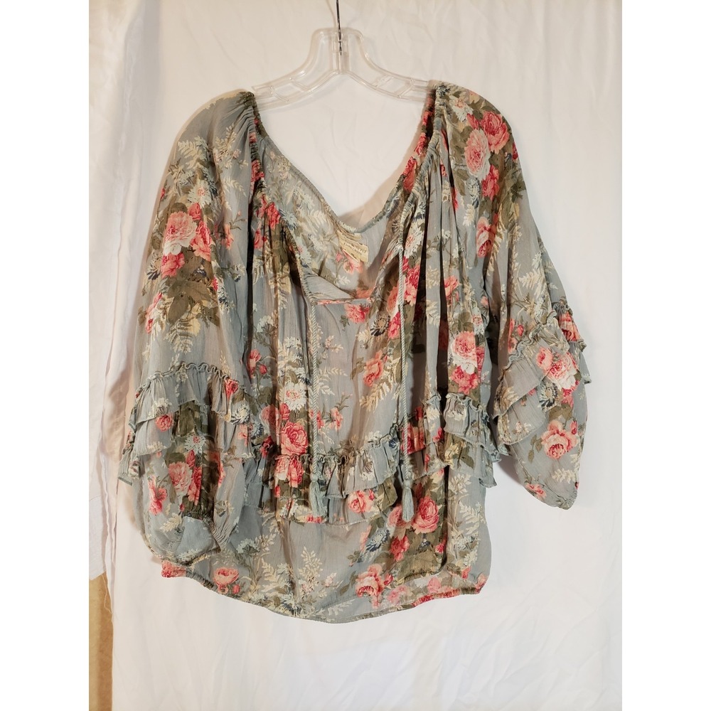 Women's Ralph Lauren Boho Blue Floral Long Ruffled Sleeve Top Size M